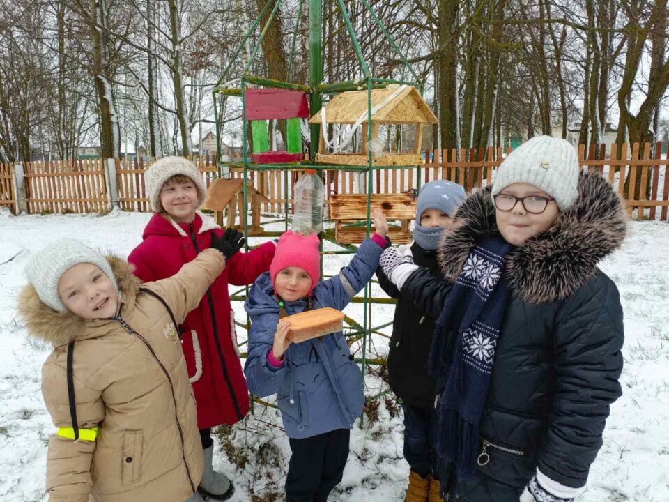 Помощь пернатым: активисты БСЖ и школьники Быховщины подкормили птиц зимой